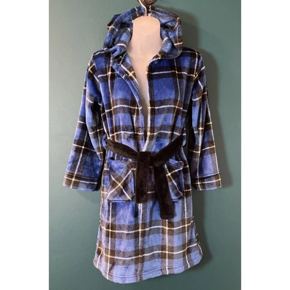 Cuddl Duds Boys Robe Plush with Hood Size M (8/10) Blue, Black, White Plaid